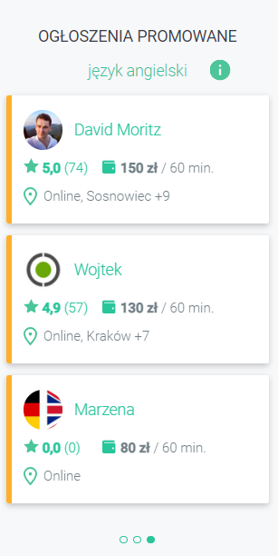 wizytówki w sekcji z ogłoszeniami promowanymi